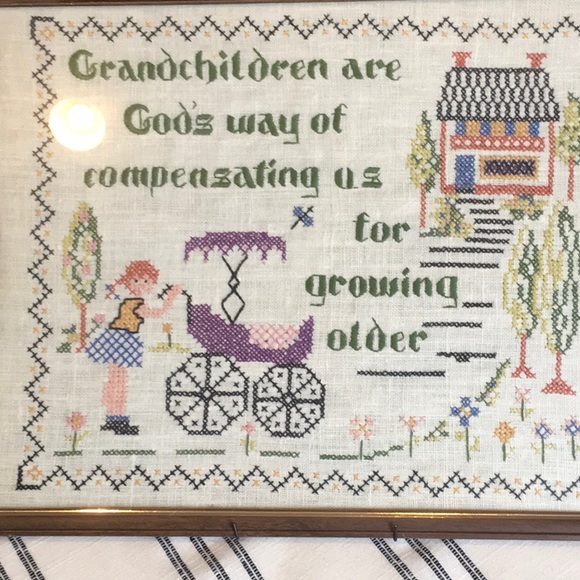 Vintage “Grandchildren” Cross Stitch on Linen Framed - Picture 2 of 8